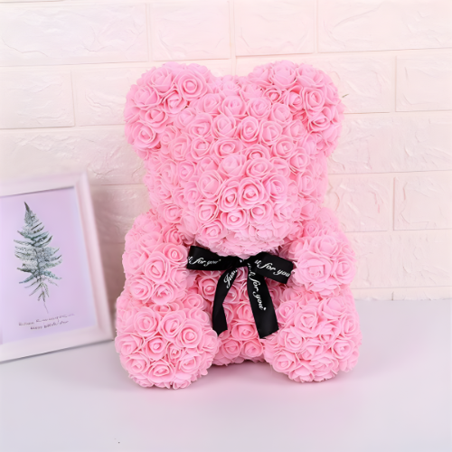 Mini Pink Faux Rose Bear