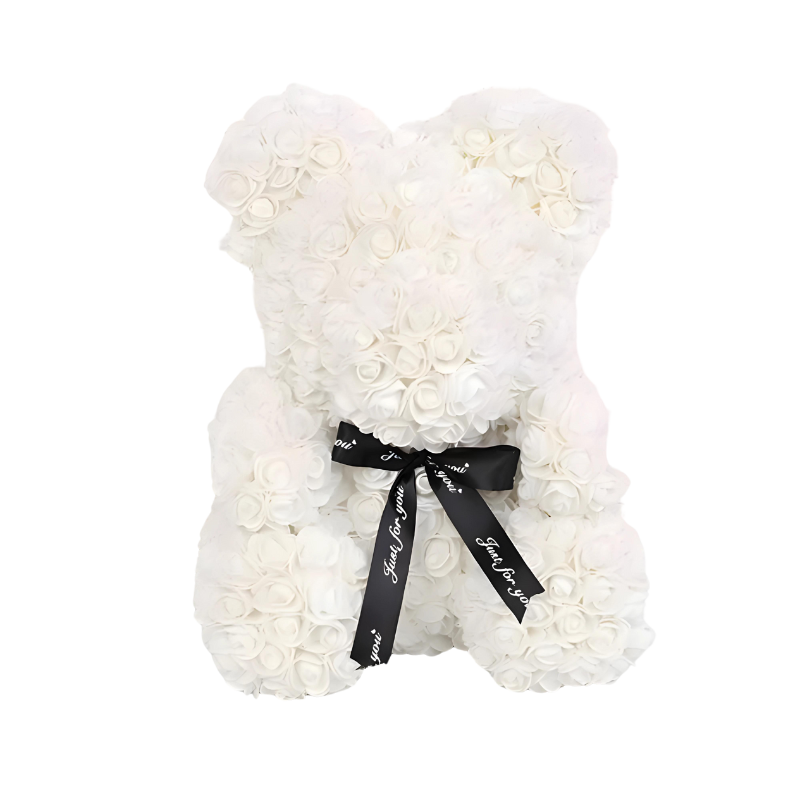 Mini White Faux Rose Bear